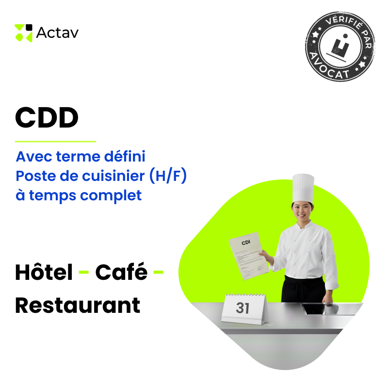 CDD cuisinier(ère) à terme défini - Temps complet (Café-Hôtel-Restaurant)