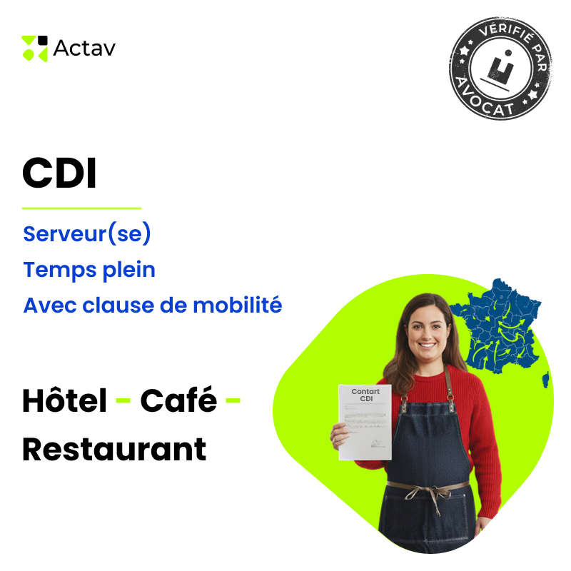 Contrat de travail CDI modèle pour serveur à temp plein avec clause de mobilité (Café-Hôtel-Restaurant)
